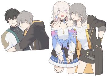 2boys 2girls artist_request bare_shoulders belt black_choker black_coat black_gloves black_hair black_jacket black_shirt black_skirt blue_eyes blue_jacket blue_skirt breasts bright_pupils buttons caelus_(honkai:_star_rail) chinese_clothes choker closed_mouth coat collarbone collared_shirt constellation_print cowboy_shot dan_heng_(honkai:_star_rail) dan_heng_(hunt)_(honkai:_star_rail) dual_persona earrings eyeliner fingerless_gloves flower flower_ornament gloves grey_belt grey_hair hair_between_eyes hand_on_another&#039;s_shoulder hand_on_own_hip hand_up highres honkai:_star_rail honkai_(series) hood hooded_coat hug jacket jewelry lapels long_hair long_sleeves looking_afar looking_at_another looking_at_viewer makeup march_7th_(honkai:_star_rail) march_7th_(preservation)_(honkai:_star_rail) medium_breasts miniskirt multicolored_eyes multiple_boys multiple_girls off-shoulder_shirt off_shoulder open_clothes open_coat open_jacket open_mouth pink_eyes pink_hair pleated_skirt puffy_long_sleeves puffy_sleeves red_eyeliner shirt short_hair sidelocks single_earring skirt standing stelle_(honkai:_star_rail) sweatdrop t-shirt teeth third-party_source tied_jacket trailblazer_(honkai:_star_rail) two-sided_coat two-sided_fabric two-sided_jacket upper_body v-shaped_eyebrows white_coat white_flower white_pupils white_shirt yaoi yellow_coat yellow_eyes yellow_jacket yuri