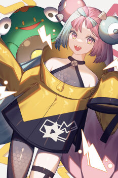1girl 1other absurdres aqua_hair asymmetrical_legwear bellibolt bow-shaped_hair coat commentary_request grey_background highres iono_(pokemon) long_hair looking_at_viewer nintendo open_mouth pink_eyes pink_hair pokemon pokemon_(creature) pokemon_sv sharp_teeth shirt simple_background sleeveless sleeveless_shirt smile teeth thigh_strap very_long_hair yellow_coat zerone