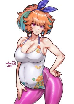1girl animal_ears artist_name bare_arms bare_shoulders blush breasts cleavage closed_mouth commentary commission earrings english_commentary green_hair hand_on_own_hip hand_on_own_thigh hololive hololive_english jewelry ko-fi_commission large_breasts looking_at_viewer multicolored_hair orange_hair pantyhose pregnant purple_eyes rotomdocs short_hair signature smile solo sportswear takanashi_kiara takanashi_kiara_(fever_night) toned toned_female virtual_youtuber white_background