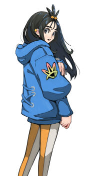 1girl absurdres black_hair blue_hoodie commentary_request earclip eudetenis from_side grey_eyes highres hood hood_down hoodie leggings lida_(pokemon) long_hair long_sleeves looking_to_the_side nintendo open_mouth pokemon pokemon_legends:_z-a print_hoodie simple_background solo teeth topknot upper_teeth_only white_background