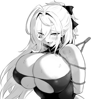 1girl ahoge areola_slip azur_lane azur_lane:_slow_ahead bare_shoulders bdsm black_bow bondage bound bow breasts cleavage covered_erect_nipples fang greyscale hair_bow hair_intakes hakuhou_(azur_lane) hakuhou_(floral_ninja_roleplay)_(azur_lane) highres hori_(hori_no_su) huge_breasts long_bangs monochrome official_alternate_costume official_art open_mouth simple_background skin_fang solo steaming_body upper_body white_background