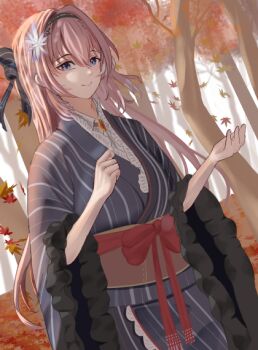 1girl akashiki_(artist) black_kimono blue_eyes flower hair_between_eyes hair_flower hair_ornament hololive japanese_clothes kimono leaf long_hair looking_at_viewer maple_leaf maple_tree obi pink_hair sash smile solo takane_lui takane_lui_(new_year) tree virtual_youtuber wings
