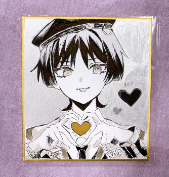 1boy beret blunt_ends bracelet collared_shirt contemporary eyelashes four-finger_heart_hands genshin_impact graphite_(medium) grey_background hands_up hat heart heart_hands highres jewelry looking_at_viewer male_focus marker_(medium) monochrome necktie official_alternate_costume pen_(medium) photo_(medium) scaramouche_(genshin_impact) school_uniform shirt snow20200 solo tilted_headwear tongue tongue_out traditional_media tsurime undershirt upper_body wanderer_(genshin_impact) wanderer_(mega_mgc_coffee)_(genshin_impact) wispy_bangs wrist_cuffs