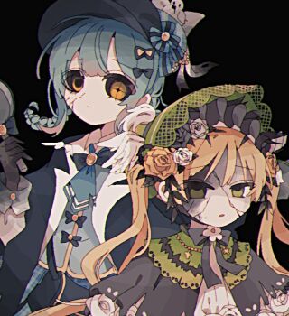 2girls black_background black_bag black_hands black_sclera blonde_hair blue_bow blue_hair blue_skirt bonnet bow braid capelet colored_extremities colored_sclera cracked_skin dress flower frills green_eyes hair_flower hair_ornament hat holding holding_magnifying_glass lolita_fashion long_hair long_sleeves looking_at_viewer magnifying_glass mahou_shoujo_no_majo_saiban multiple_girls orange_flower orange_rose parted_lips plaid_clothes plaid_skirt rose shirt simple_background skirt torn_clothes torn_dress torn_ribbon toruriri0718 twintails yellow_eyes