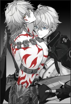 Rule 34 | 2boys, adam's apple, arm tattoo, atgoiori, black background, blue eyes, braid, choker, clawed gauntlets, facial tattoo, fingerless gloves, gloves, gradient background, grey background, greyscale, hashtag-only commentary, highres, honkai: star rail, honkai (series), looking at viewer, male focus, monochrome, multiple boys, mydei (honkai: star rail), nipples, partially colored, pectorals, phainon (honkai: star rail), red tattoo, short hair, side braid, sitting, sitting on lap, sitting on person, tattoo, two-tone background, yaoi, yellow eyes