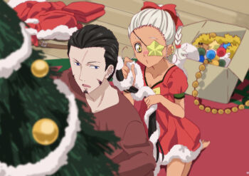 Rule 34 | 1boy, 1girl, barefoot, black hair, braid, braided ponytail, christmas, christmas tree, dark-skinned female, dark skin, dress, eyepatch, fumiko (mesushi), long hair, qq selesneva, ricardo soldato, santa costume, santa dress, tales of (series), tales of innocence, white hair, yellow eyes