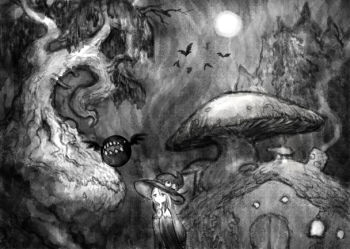 1girl chimney closed_mouth cottage_(building) creature expressionless forest full_moon giant_mushroom greyscale hat long_hair monochrome moon mushroom nature night original outdoors pon_(tab_rasa) robe scenery smoke smoke_trail solo tree very_long_hair wide_shot witch witch_hat