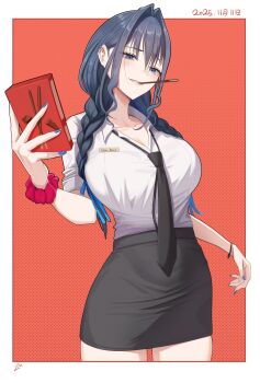 1girl absurdres black_necktie blue_eyes blue_hair braid breasts food highres hololive hololive_english large_breasts miniskirt nail_polish necktie ouro_kronii pocky shirt simple_background skirt solo twin_braids white_shirt zenya