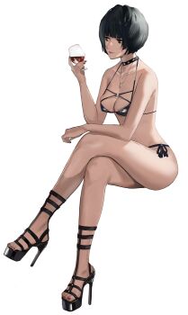 1girl alcohol atlus bikini black_bikini black_choker black_hair black_sandals breasts choker cleavage commentary_request crossed_legs cup drinking_glass female_focus from_side full_body high_heels highres holding holding_cup j@ck jewelry lips looking_ahead medium_breasts nail_polish necklace persona persona_5 red_eyes red_nails sandals sega short_hair side-tie_bikini_bottom simple_background sitting solo swimsuit takemi_tae toenail_polish toenails white_background wine wine_glass