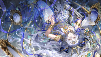 1boy absurdres ancient_greek_clothes aqua_gemstone armillary_sphere armlet blue_gemstone braid cael_anselm capricorn_(constellation) capricorn_(symbol) checkered_floor chinese_commentary constellation crown floating full_body gauntlets gem gold_armlet gold_bracer gold_necklace greco-roman_clothes guaisanmu hair_between_eyes head_chain highres himation holding holding_sword holding_weapon impaled indoors jewelry light_particles long_bangs long_hair long_hair_between_eyes looking_at_viewer lovebrush_chronicles male_focus merman mirror monster_boy monsterification necklace official_alternate_costume parted_lips pendant purple_eyes purple_ribbon purple_sash ribbon sash shoulder_necklace side_braid single_gauntlet sleeveless solo sun_symbol sword tunic very_long_hair watermark wavy_hair weapon weibo_watermark white_hair white_tunic window