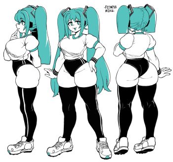 1girl alternate_breast_size_(larger) alternate_costume aqua_hair ass black_buruma black_thighhighs blue_eyes blue_hair blue_tongue breasts buruma colored_tongue curvy dizzyspells full_body gym_shirt gym_uniform hand_on_own_hip hand_to_own_mouth hand_up hatsune_miku highleg_shorts highres large_breasts limited_palette long_hair looking_at_viewer multiple_views open_mouth shirt shoes smile sneakers standing thighhighs turnaround twintails very_long_hair vocaloid white_shirt white_shoes wide_hips wristband