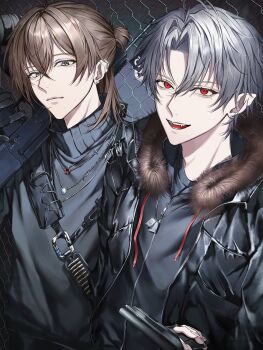 Rule 34 | 1zxn4, 2boys, alternate costume, ammunition, black jacket, black nails, brown hair, chain-link fence, closed mouth, fence, fur-trimmed jacket, fur trim, grey eyes, grey shirt, gun, hair between eyes, hair bun, half updo, handgun, highres, holding, holding gun, holding weapon, jacket, kanae (nijisanji), kuzuha (nijisanji), looking at viewer, medium hair, mole, mole under eye, multiple boys, nijisanji, open mouth, parted bangs, pointy ears, red eyes, rifle, shirt, short hair, smile, teeth, turtleneck, upper body, virtual youtuber, weapon, white hair