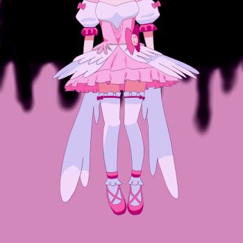 1girl amorphous0173 ballet_slippers blue_archive blush bow commentary_request detached_sleeves doodle_sensei_(blue_archive) fake_wings fiery_background fire frilled_skirt frills head_out_of_frame highres mahou_shoujo_madoka_magica mami_mogu_mogu pink_bow pink_fire pink_hair scene_reference sensei_(blue_archive) skirt solo suzumi_(blue_archive) suzumi_(magical)_(blue_archive) textless_version thighhighs white_thighhighs wings zettai_ryouiki