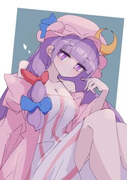 1girl bare_shoulders blunt_bangs breasts cleavage closed_mouth collarbone commentary_request crescent crescent_hat_ornament dress hair_ribbon hand_in_own_hair hat hat_ornament highres long_hair looking_at_viewer medium_breasts mob_cap off_shoulder patchouli_knowledge pink_robe purple_eyes purple_hair ribbon robe ryouryou sitting smile solo striped_clothes striped_dress thighs touhou