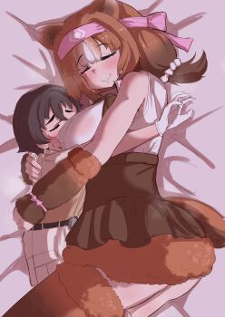 1boy 1girl animal_ears bare_shoulders bear_ears bear_girl bear_tail blush bow bowtie brown_bow brown_bowtie brown_fur brown_hair brown_shirt brown_skirt brown_sleeves brown_thighhighs captain_(kemono_friends) closed_eyes collared_shirt commentary detached_sleeves egusuke fur_sleeves fur_trim gloves hair_between_eyes hairband height_difference high-waist_skirt highres hug jacket kemono_friends kodiak_bear_(kemono_friends) multicolored_hair on_bed pink_hairband pleated_skirt safari_jacket shirt short_hair short_sleeves shorts sidelocks size_difference skirt smile symbol-only_commentary t-shirt tail thighhighs two-tone_shirt white_gloves white_hair white_shirt white_shorts zettai_ryouiki