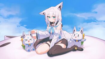 absurdres ahoge animal_ear_fluff animal_ears blue_neckerchief blue_sky braid deaver detached_sleeves fox_ears fox_girl fox_tail front_slit highres hololive hood hooded_vest hoodie jewelry mascot neckerchief pentagram shirakami_fubuki shirakami_fubuki_(1st_costume) single_braid single_thighhigh sky sukonbu_(shirakami_fubuki) tail thighhighs thighlet thighs vest virtual_youtuber white_hoodie