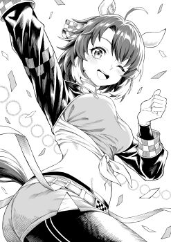 1girl ;d absurdres ahoge animal_ears arm_up ayumuhotaka blush breasts clenched_hand commentary_request dantsu_flame_(umamusume) greyscale highres horse_ears horse_girl horse_tail long_sleeves looking_at_viewer medium_breasts midriff monochrome navel one_eye_closed open_mouth short_hair shorts smile solo tail umamusume