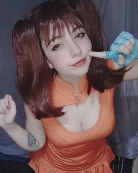 Rule 34 | 1girl, breasts, brown hair, cleavage cutout, clothing cutout, cosplay, diane (nanatsu no taizai), diane (nanatsu no taizai) (cosplay), fingerless gloves, gloves, large breasts, long hair, nanatsu no taizai, photo (medium), real life, sleeveless, tattoo, twintails, yuno the loose