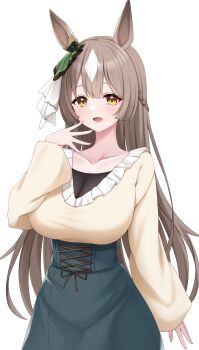 1girl absurdres alan_(210bush) animal_ears blue_corset blue_skirt blush braid breasts brown_eyes brown_hair collarbone commentary_request corset double-parted_bangs ear_ornament hair_between_eyes half_up_braid half_updo highres horse_ears horse_girl large_breasts long_hair long_sleeves looking_at_viewer multicolored_hair open_mouth satono_diamond_(umamusume) shirt simple_background skirt smile solo streaked_hair umamusume very_long_hair white_background yellow_shirt