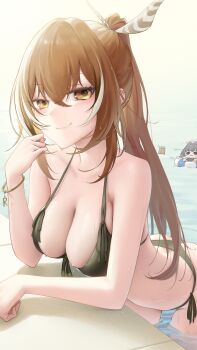 2girls absurdres ass bikini black_bikini black_hair blush bracelet breasts brown_eyes brown_hair cleavage closed_mouth commentary friend_(nanashi_mumei) hair_between_eyes halterneck highres hololive hololive_english jewelry long_hair looking_at_viewer medium_breasts multicolored_hair multiple_girls nanashi_mumei ouro_kronii ponytail poolside redrawn side-tie_bikini_bottom skindentation smile somebody_(leiking00) streaked_hair string_bikini swimsuit virtual_youtuber wet white_hair