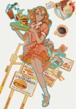 Rule 34 | 1girl, absurdres, blonde hair, blue eyes, burger, coffee, dress, food, french fries, full body, grin, highres, leg up, original, pink dress, rora (auroradiation), shoes, smile, sneakers, socks, solo, spilling, white shoes, white socks