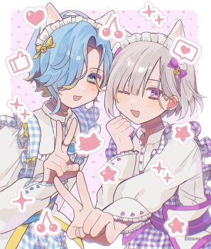 2boys animal_ears apron bishounen blonde_streaks blue_eyes blue_hair border cat_ears earrings fake_animal_ears hair_behind_ear hair_over_one_eye hand_up heart heart_background highres jewelry long_sleeves maid_headdress male_focus multicolored_hair multiple_boys nijisanji one_eye_closed ponlen02 purple_eyes shinomiya_yuno shirose_isumi shirt smile sticker streaked_hair two-tone_hair v virtual_youtuber white_hair white_shirt