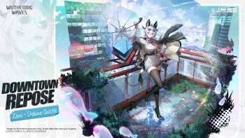 1girl ahoge arm_up bag black_horns black_jacket black_nails black_shoes black_tail black_thighhighs breasts clothing_cutout commentary cup curled_horns demon_tail disposable_cup dress earrings elbow_carry english_commentary eyewear_on_head fingernails grey_dress grey_hair grey_shorts hair_between_eyes high_heels highres holding holding_cup holding_umbrella horns jacket jacket_on_shoulders jewelry large_breasts logo long_hair looking_at_viewer nail_polish necktie official_alternate_costume official_art red_eyes red_necktie shoes shopping_bag shorts shoulder_cutout smile solo sunglasses tail thighhighs thighs umbrella wuthering_waves zani_(downtown_repose)_(wuthering_waves) zani_(wuthering_waves)