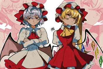 2girls ascot bat_wings blonde_hair blue_hair bow closed_mouth crossed_legs crystal_wings dress flandre_scarlet hair_between_eyes hat hat_ribbon highres looking_at_viewer mob_cap multiple_girls pointy_ears puffy_short_sleeves puffy_sleeves red_ascot red_bow red_eyes remilia_scarlet ribbon shirt short_hair short_sleeves siblings sisters skirt sokura_(mochichitose) touhou wings yellow_ascot zoom_layer