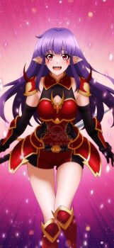 1girl :d armor armored_boots artist_name black_boots black_gloves blunt_bangs boots breastplate breasts breasts_apart clothing_request commentary commission demon_girl ear_piercing elbow_gloves english_commentary esil_radiru fangs feet_out_of_frame floating_hair gloves gradient_background greaves highres holding holding_polearm holding_weapon light_particles long_hair looking_at_viewer medium_breasts open_mouth pauldrons piercing pink_background pointy_ears polearm purple_hair red_armor red_boots red_eyes shoulder_armor shugo19 sidelocks skindentation smile solo solo_leveling spiked_pauldrons spikes straight-on teeth thigh_gap tongue two-tone_background upper_teeth_only watermark weapon web_address white_background yellow_armor yellow_boots