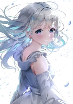 1girl aizawa_(aizawatsu) black_eyes blue_pupils blush breasts commentary_request detached_sleeves dress firefly_(honkai:_star_rail) floating_hair from_side grey_dress grey_hair grey_sleeves hair_intakes highres honkai:_star_rail honkai_(series) long_hair long_sleeves looking_at_viewer looking_to_the_side medium_breasts multicolored_eyes purple_eyes sleeveless sleeveless_dress smile solo sp;p teeth two-tone_eyes upper_body