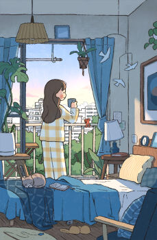 1girl absurdres analog_clock animal balcony bed bedroom black_hair blue_sky cat chair city clock cup curtains dawn diary gradient_sky hanging_light hanging_plant highres holding holding_cup indoors lamp long_hair marunoki mouse_(animal) mug original pajamas pillow pink_sky plant potted_plant railing rug sky sliding_doors smile solo standing table wooden_floor