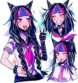 Rule 34 | ;p, alternate costume, alternate hairstyle, aqua outline, black hair, black nails, black sailor collar, blue hair, blue streaks, blush, bracelet, braid, choker, collared shirt, commentary, danganronpa (series), danganronpa 2: goodbye despair, ear piercing, elbow gloves, english commentary, eyelashes, face piercing, fingerless gloves, fingernails, gloves, grin, hair horns, hand on own hip, heart, highres, huyandere, jewelry, long hair, mioda ibuki, mouth piercing, multicolored hair, nail ornament, neckerchief, necktie, one eye closed, open mouth, outline, piercing, pink eyes, pink hair, pink neckerchief, pink necktie, pink streaks, ponytail, sailor collar, scrunchie, shirt, short sleeves, sidelocks, single elbow glove, single fingerless glove, smile, spiked choker, spikes, streaked hair, striped clothes, striped gloves, teeth, tongue, tongue out, twin braids, twintails, upper teeth only, v, white background, white hair, white shirt, wrist scrunchie