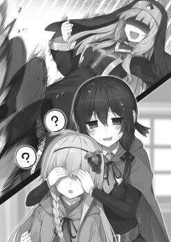 3girls :d ? afterimage blunt_bangs blurry blurry_background blush bow braid breasts cecily_(konosuba) cleavage_cutout clenched_hand cloak clothing_cutout collared_shirt covering_another&#039;s_eyes crown_braid dress faceless faceless_female food food-themed_hair_ornament from_below fruit fruit_hair_ornament grape_hair_ornament grapes greyscale hair_between_eyes hair_bow hair_ornament half-closed_eyes hand_over_another&#039;s_eyes highres hood hooded_cloak iris_(konosuba) kicking kono_subarashii_sekai_ni_shukufuku_wo! large_breasts leg_up long_dress long_hair long_sleeves low-tied_long_hair low-tied_sidelocks low_twintails mishima_kurone monochrome motion_lines multiple_girls necktie non-web_source novel_illustration nun official_art open_mouth raised_inner_eyebrows ribbon shaded_face shirt side_braid sidelocks small_breasts smile speech_bubble straight_hair sweat twintails upper_body veil wide_sleeves window yunyun_(konosuba)