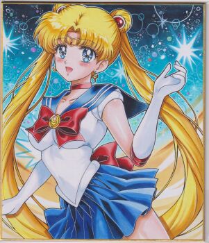 1girl absurdres bishoujo_senshi_sailor_moon blonde_hair blue_eyes blue_sailor_collar chikoto_(kztc4472) choker circlet collarbone commentary crescent crescent_earrings double_bun earrings elbow_gloves flower_earrings gloves hair_bun hair_ornament highres jewelry long_hair looking_at_viewer magical_girl photo_(medium) red_choker sailor_collar sailor_moon sailor_senshi_uniform skirt smile solo traditional_media tsukino_usagi twintails white_gloves