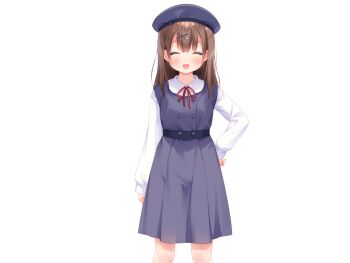 1girl :d aiyoku_shimai_lolita blue_dress blue_hat blush brown_hair buttons chiaki_(aiyoku_shimai_lolita) collared_shirt cowboy_shot double-breasted dress facing_viewer game_cg hair_ornament hand_on_own_hip hat large_variant_set long_hair long_sleeves neck_ribbon non-web_source open_mouth pinafore_dress piyodera_mucha red_ribbon ribbon shirt simple_background sleeveless sleeveless_dress smile solo tachi-e transparent_background variant_set white_shirt x_hair_ornament