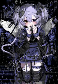 Rule 34 | 1girl, angel wings, apron, bandaid, bandaid on leg, bat wings, black bow, black dress, black socks, black thighhighs, blush, bow, chain, cross, cuffs, dress, eyepatch, frilled thigh strap, frills, full body, hair between eyes, hair bow, halo, handcuffs, hands up, heart, heterochromia, highres, holding, holding cross, jewelry, kneeling, legwear garter, long hair, long sleeves, looking at viewer, multiple rings, nail art, original, pakiruchang, pentagram, pill hair ornament, purple apron, purple bow, purple eyes, purple hair, ribbon, ring, safety pin, sharp teeth, socks, solo, strap, teeth, thigh strap, thighhighs, too many, too many frills, too many hair ornaments, two side up, unworn eyepatch, waist apron, watermark, white wings, wings, yami kawaii, yellow eyes