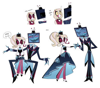 1boy 1girl absurdres bare_shoulders black_jacket blonde_hair blush_stickers breasts charlie_morningstar colored_sclera hazbin_hotel hellaverse highres hypnosis jacket long_hair medium_breasts mind_control on_lap open_clothes open_jacket pants pink_pants ponytail red_jacket red_sclera sharp_teeth simple_background sitting sitting_on_lap sitting_on_person smile standing teeth television vox_(hazbin_hotel) white_background white_hair yaky yellow_sclera