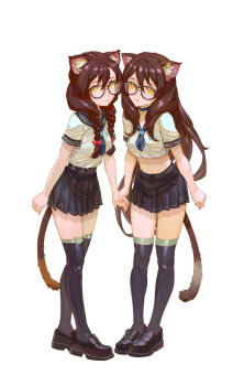 2girls animal_ear_fluff animal_ears belt black_choker black_thighhighs blue_neckerchief braid braided_twintails breasts brown_hair cat_ears cat_girl cat_tail choker crop_top glasses highres loafers long_hair looking_at_viewer midriff_peek multiple_girls navel neckerchief original school_uniform serafuku shoes short_sleeves siblings skindentation small_breasts standing stomach tail thighhighs twins very_long_hair white_background white_serafuku yellow_eyes yugen99