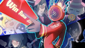 1other 2boys 3girls :d ^_^ black_gloves black_hair black_shirt black_suit blonde_hair blue_coat blue_eyes blue_necktie blush brown_hair candy cigarette closed_eyes coat colored_smoke commentary commission contempt_awe_(e.g.o) convenient_censoring dante_(limbus_company) don_quixote_(project_moon) e.g.o_(project_moon) english_commentary english_text flaming_head food formal_clothes gloves gold_trim hair_between_eyes hair_intakes hair_ornament hand_on_own_chin hat heart heart_hair_ornament high_collar holding holding_candy holding_food holding_lollipop in_the_name_of_love_and_hate_(e.g.o) lapels limbus_company lollipop long_hair looking_at_viewer looking_down magic_bullet_(e.g.o) magical_girl meursault_(project_moon) minty_chu multiple_boys multiple_girls n_corp._e.g.o_(identity)_(project_moon) necktie notched_lapels object_head ootachi open_mouth outis_(project_moon) ponytail project_moon red_coat red_eyes red_hat red_necktie ryoshu_(project_moon) second-party_source shirt short_hair sinclair_(project_moon) smile smoke suit swirl_lollipop thumb_(identity)_(project_moon) tinted_eyewear top_hat user_interface vgen_commission video_thumbnail weapon weapon_on_back white_shirt yellow_eyes youtube_video_thumbnail