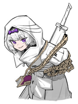 1girl arms_behind_back book book_holster bow chain chain_around_arm gold_chain grin hair_bow hashtag-only_commentary highres hood hood_up hooded_jacket jacket jmeakat kira_(project_moon) leaning_forward limbus_company long_sleeves looking_at_viewer project_moon purple_bow purple_eyes sharp_teeth short_hair simple_background smile solo sword sword_on_back teeth weapon weapon_on_back white_background white_hair white_jacket zipper zipper_pull_tab