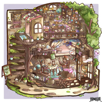 Rule 34 | 1girl, animal, barrel, bird, black socks, blue skirt, book, bookshelf, border, bottle, brown hair, cat, cauldron, chair, chigu, commentary request, commission, crescent, dairoku ryouhei, doll, fire, floorplan, flower, glasses, globe, hat, hourglass, jar, mask, medium hair, mortar (bowl), multicolored hat, outside border, pestle, plant, potion, potted plant, quill, red hat, red shirt, rock, scroll, shirt, sign, sitting, skirt, skull, skull and crossbones, slippers, smile, socks, speech bubble, statue, stirring, stool, straw doll, stuffed animal, stuffed toy, table, thought bubble, treasure chest, tree, white hat