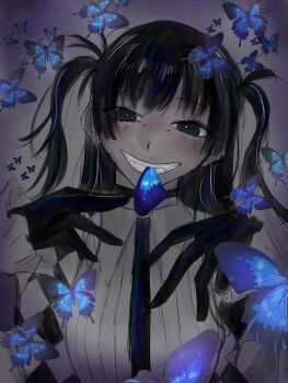 1girl biting black_gloves black_hair blue_butterfly bug butterfly checkered_clothes commentary_request fujimine_(madan_no_ichi) gloves grin highres insect long_hair looking_at_viewer madan_no_ichi mole mole_under_each_eye mole_under_eye mouth_hold multiple_moles ponkann086 smile solo spot_color torn_wings two_side_up wings