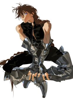 Rule 34 | 1boy, atie1225, bare shoulders, black pants, black shirt, blue eyes, boots, braid, brown hair, butterfly sitting, closed mouth, duo maxwell, elbow gloves, fingerless gloves, gloves, gundam, gundam wing, hair between eyes, hands on feet, highres, long braid, long hair, looking to the side, male focus, pants, shirt, sideways glance, silver boots, silver gloves, simple background, single braid, sitting, sleeveless, sleeveless shirt, solo, thigh boots, white background
