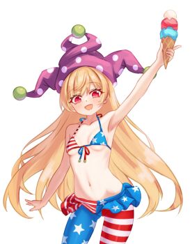 Rule 34 | 1girl, :d, alternate costume, american flag, american flag legwear, american flag print, arm up, armpits, bikini, bikini skirt, blonde hair, blue bikini, blue pantyhose, blush, breasts, chunjiu, clownpiece, collarbone, commentary request, flag print, flag print bikini, food, hat, highres, holding, holding ice cream cone, ice cream, ice cream cone, jester cap, long hair, looking at viewer, missing wings, multicolored bikini, multicolored pantyhose, navel, open mouth, pantyhose, polka dot, polka dot headwear, print bikini, purple hat, red bikini, red eyes, red pantyhose, small breasts, smile, solo, stomach, swimsuit, touhou, triangle bikini top, very long hair, white bikini, white pantyhose