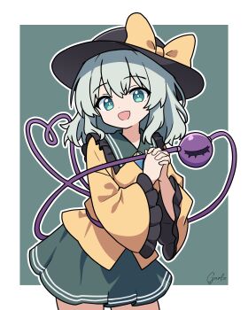 Rule 34 | 1girl, absurdres, black hat, bow, buttons, collared shirt, commentary request, diamond button, eyeball, frilled shirt collar, frilled sleeves, frills, garloo, green eyes, green hair, green skirt, hat, hat bow, heart, heart of string, highres, interlocked fingers, komeiji koishi, long sleeves, looking at viewer, open mouth, own hands together, shirt, signature, skirt, smile, solo, third eye, touhou, wide sleeves, yellow bow, yellow shirt