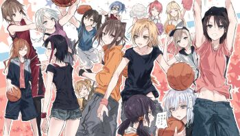 6+girls aoba_moca arm_up asahi_rokka ball bang_dream! bang_dream!_girls_band_party! basketball basketball_(object) basketball_uniform black_hair black_hat black_shoes blonde_hair blue_hair blue_jacket blue_shorts cheerleader commentary_request cone_hair_bun cowboy_shot double_bun futaba_tsukushi glasses grey_shorts hair_bun hair_ornament hairclip hanazono_tae hat highres ichigaya_arisa imai_lisa jacket kurata_mashiro long_hair low_twintails maruyama_aya medium_hair midriff_peek mitake_ran multiple_girls navel okusawa_misaki opaque_glasses open_clothes open_jacket orange_shirt parallel_hairclips pink_shirt pom_pom_(cheerleading) ponytail red_shirt sato_masuki shirt shoes short_shorts shorts side_ponytail sidelocks sleeveless sleeveless_shirt speech_bubble sportswear toyama_asuka toyama_kasumi translation_request tsurumaki_kokoro twintails v-shaped_eyebrows wakamiya_eve white_hair x_hair_ornament yellow_eyes yukitake_(bullfalk)