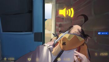 2girls absurdres brown_hair cecilia_immergreen cecilia_immergreen_(1st_costume) counter-strike counter-strike_(series) door door_stuck_(meme) doorway floomf gigi_murin gigi_murin_(1st_costume) hashtag-only_commentary heads-up_display highres holding holding_knife holding_weapon hololive hololive_english hood hood_down indoors knife long_sleeves meme multiple_girls open_door orange_shrug pov pov_hands shrug_(clothing) upper_body user_interface virtual_youtuber weapon