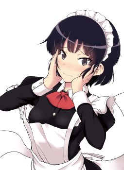 Rule 34 | 1girl, absurdres, apron, black dress, black eyes, black hair, blush, closed mouth, dress, hands on own cheeks, hands on own face, hashtag-only commentary, highres, juliet sleeves, kujou meika, long sleeves, looking at viewer, maid, maid apron, maid day, maid headdress, meika-san wa oshikorosenai, puffy sleeves, saitou shouki, second-party source, short hair, simple background, solo, strap slip, upper body, white apron, white background