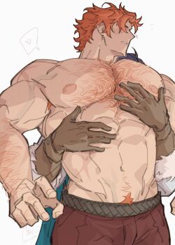 2boys abs absurdres aqua_cape arm_hair artist_name bara black_hair blush broad_shoulders brown_gloves cape chest_hair commentary cowboy_shot english_commentary felix_hugo_fraldarius felix_hugo_fraldarius_(timeskip) fingernails fire_emblem fire_emblem:_three_houses fur-trimmed_sleeves fur_trim gloves groin hairy heart highres male_focus multiple_boys nintendo nipples orange_hair pants parted_lips pectorals red_pants satodee speech_bubble sylvain_jose_gautier sylvain_jose_gautier_(timeskip) teeth white_background white_fur yaoi