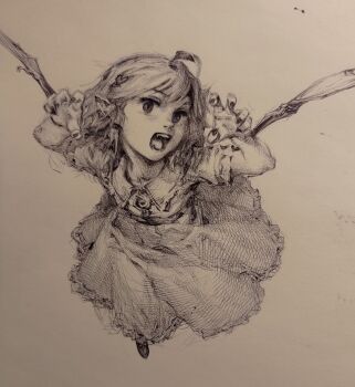 Rule 34 | 1girl, absurdres, ahoge, arms up, bat wings, collared shirt, crosshatching, fangs, fingernails, frilled skirt, frills, from above, full body, gao, graphite (medium), hair ornament, hatching (texture), head tilt, heart, heart hair ornament, highres, long skirt, looking at viewer, medium hair, open mouth, pointy ears, remilia scarlet, sendai (nazonomono), sharp fingernails, shirt, short sleeves, skirt, solo, touhou, traditional media, wings